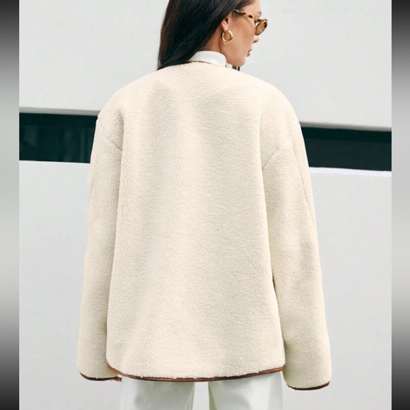 Contrast ivory & brown button front teddy faux Sherpa overcoat jacket cardigan - Picture 8 of 8